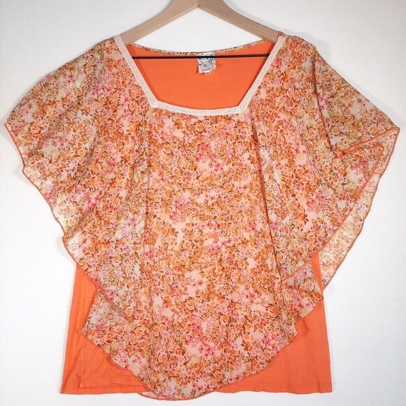 Naif Sheer Flowy Cottagecore Orange Floral Stretch Liner Crochet Trim SZ Medium - Picture 4 of 10